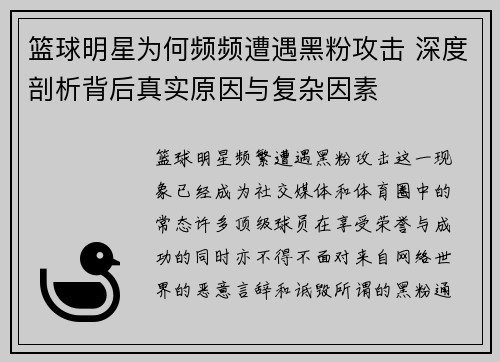 篮球明星为何频频遭遇黑粉攻击 深度剖析背后真实原因与复杂因素